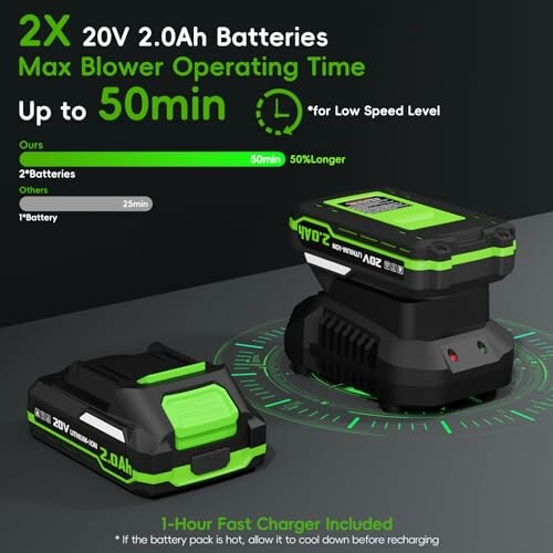 2x 20V 2.0Ah batteries with 50min max blower operating time.