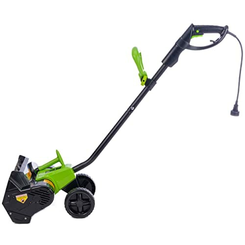 Green and black electric garden tiller with wheels and handle