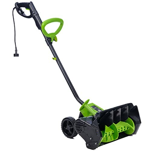 Electric snow shovel with green handle and black blade.