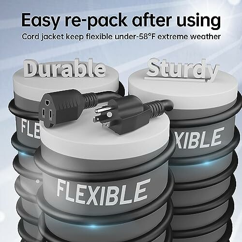 Flexible and durable power cords with easy re-pack feature.