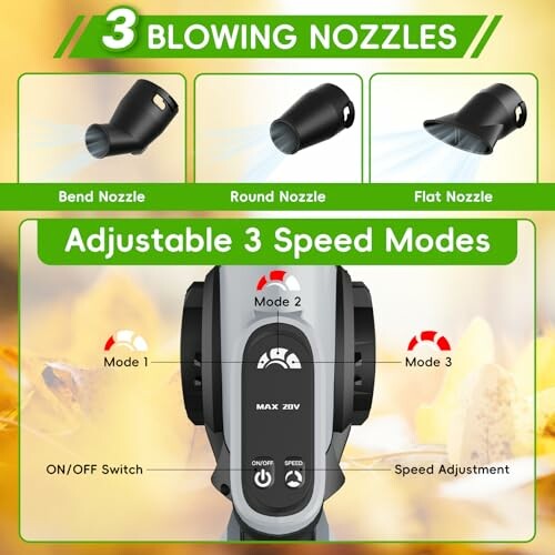 Leaf blower with three blowing nozzles and adjustable speed modes.