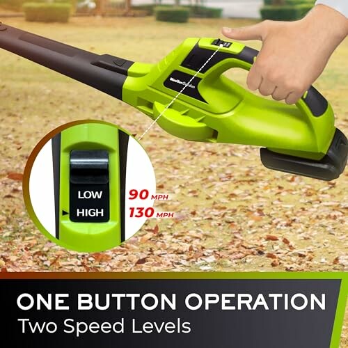 Leaf blower with two speed levels and one button operation.